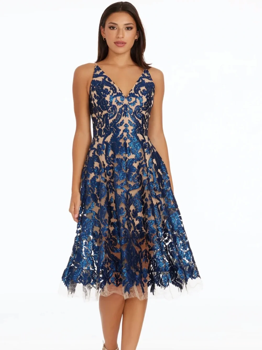 Dress The Population Navy Nude Blair Sequins Cocktail Midi Dress Size Small - Picture 1 of 11